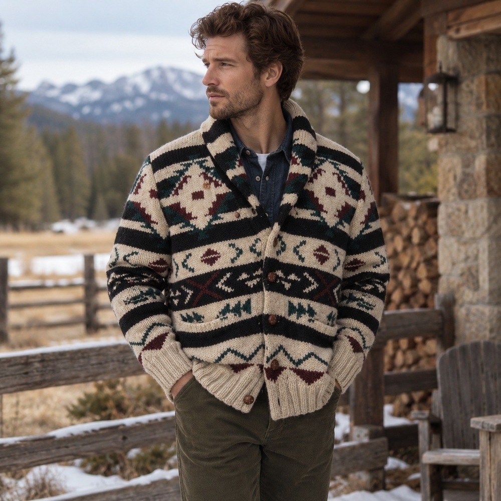 Vintage Polo Ralph Lauren Cardigan Sweater Hand Knit Wool Southwestern Men's XL